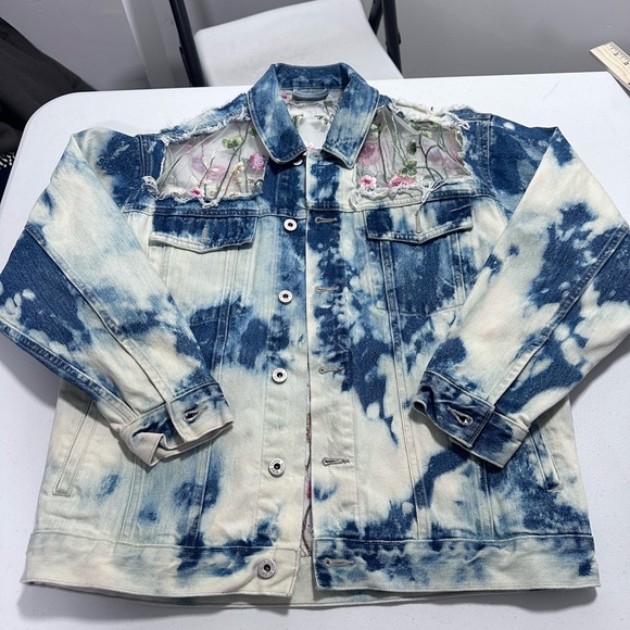 Y2K Canyon River Blues Embroidered Sheer-Panel Tie-Dye Denim Jacket oversized - Picture 7 of 16